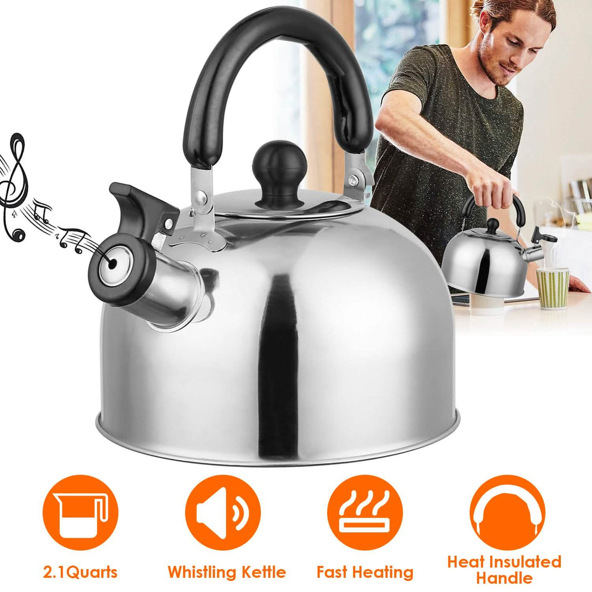 2.1 Quarts Stainless Steel Whistling Tea Kettle Stovetop Induction Gas Teapot