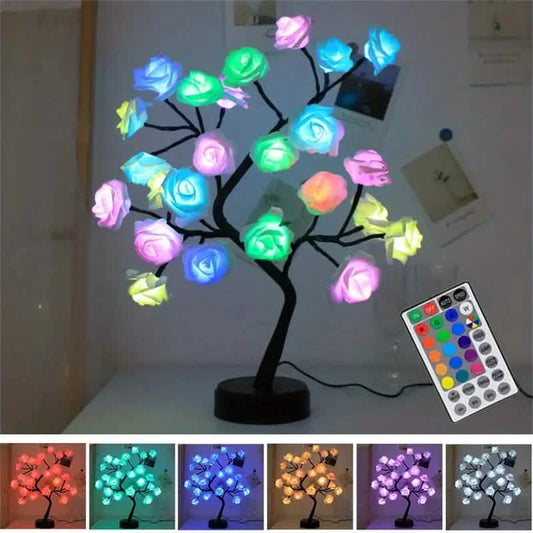 24 LED RGB 16 Colors Rose Tree Night Light Battery And USB Plug Operated Rose Flower Fairy Lights Remote Control