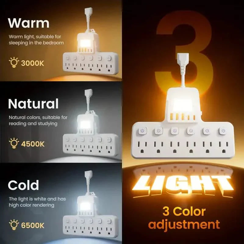 12-in-1 Adjustable Desk Lamp Power Strip – 6 AC Outlets, 3 USB-A & 2 Type-C Ports, Surge Protection