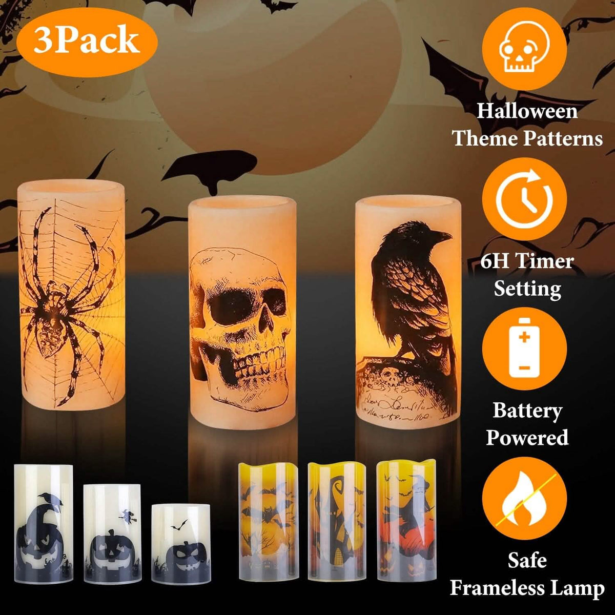 3-Pack: Halloween Battery Operated Flameless Candle Lamp with Timer Setting