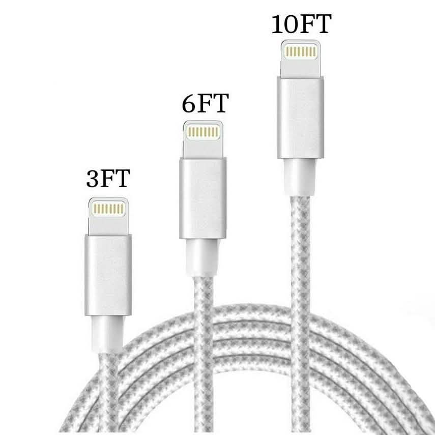 3-Pack: Heavy Duty Braided iPhone Lightning USB Cable - White