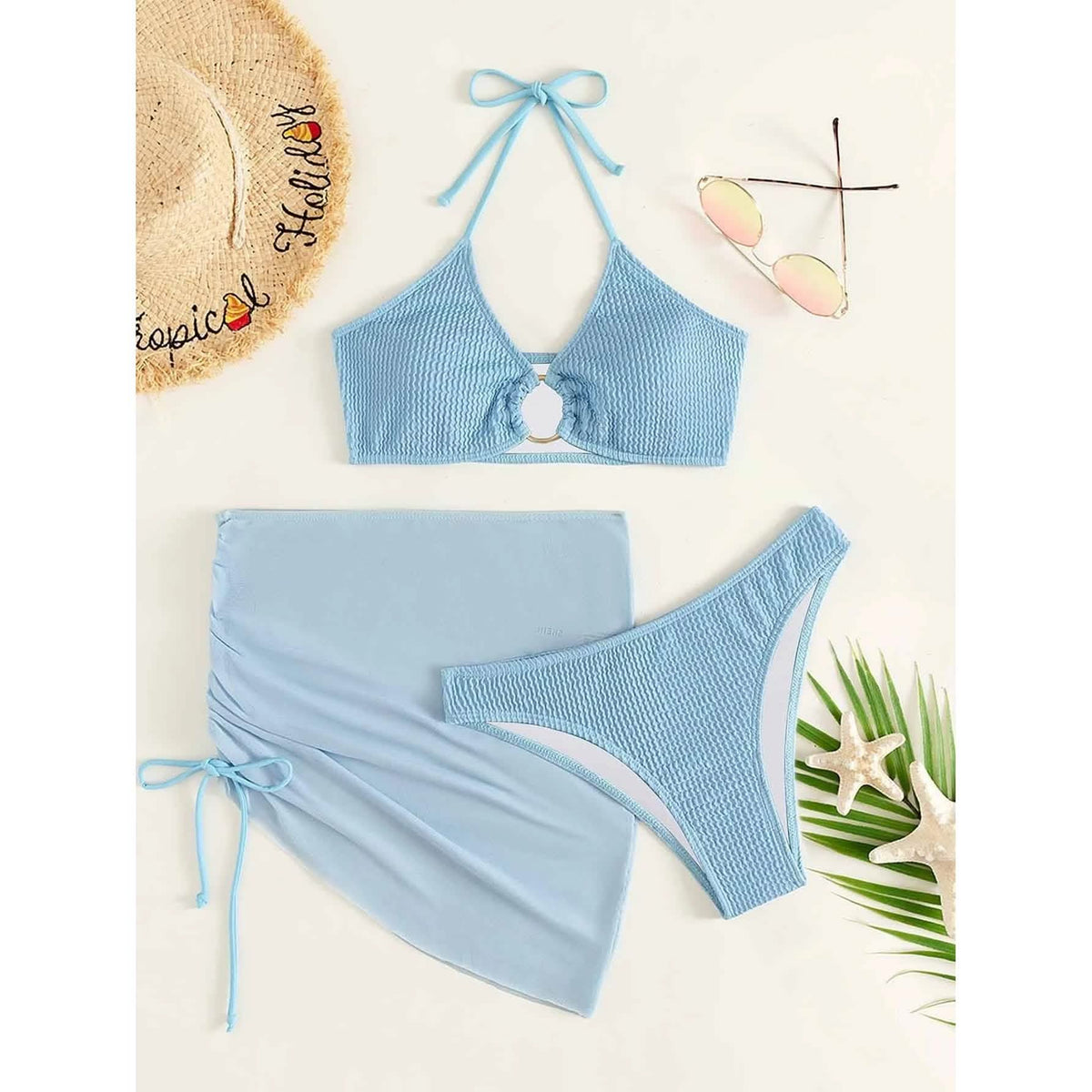 3-Pack: Textured Ring Linked Halter Bikini Swimsuit & Beach Skirt