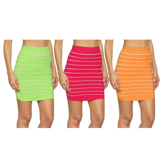 3-Pack: Women's Striped Seamless Microfiber Slim Nylon Pull-On Closure Mini Skirts