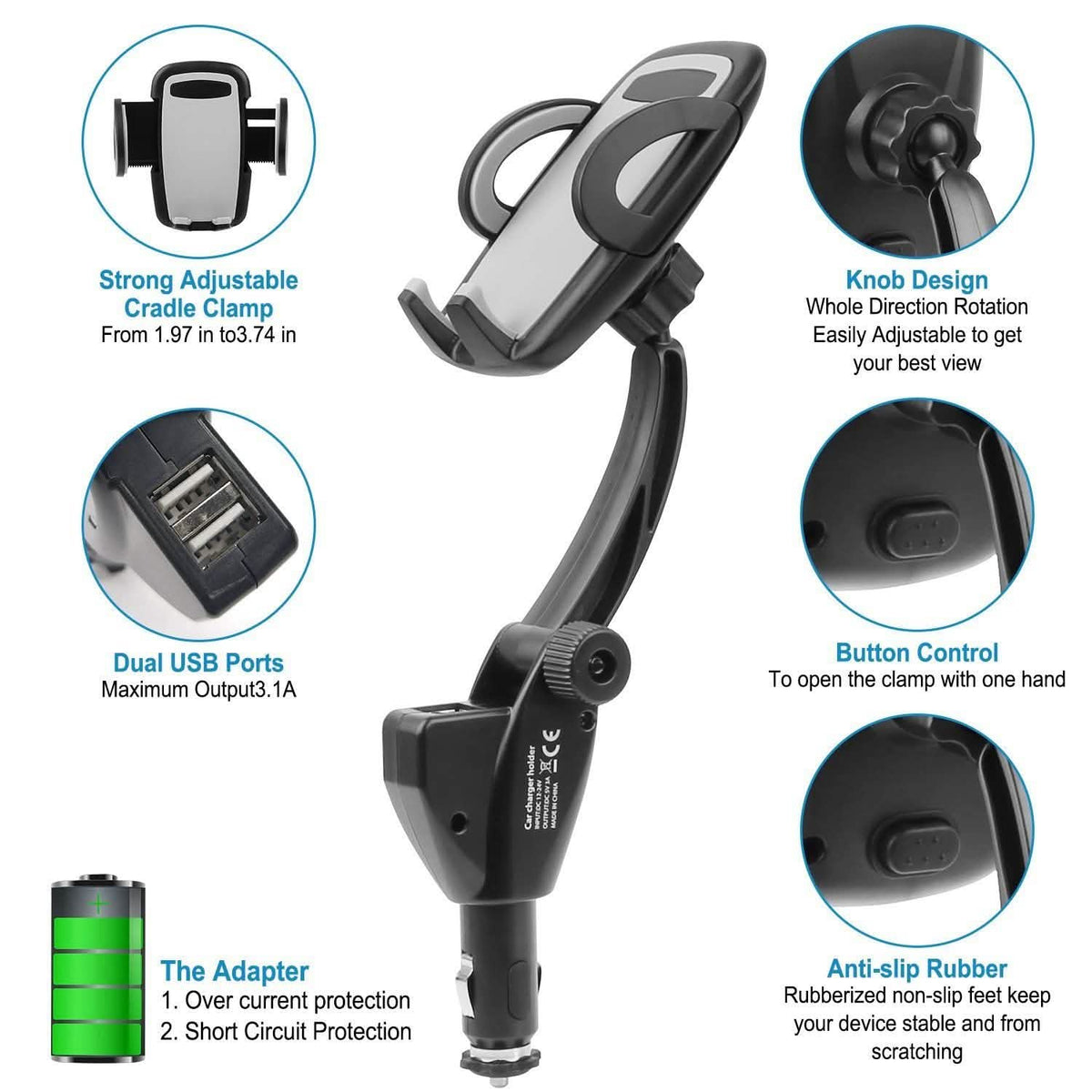 360° Dual USB Smartphone Mounting Car Charger