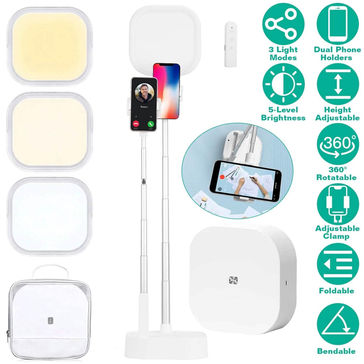 360° Rotatable Dual Phone Holder with Rechargeable Wireless Remote V8