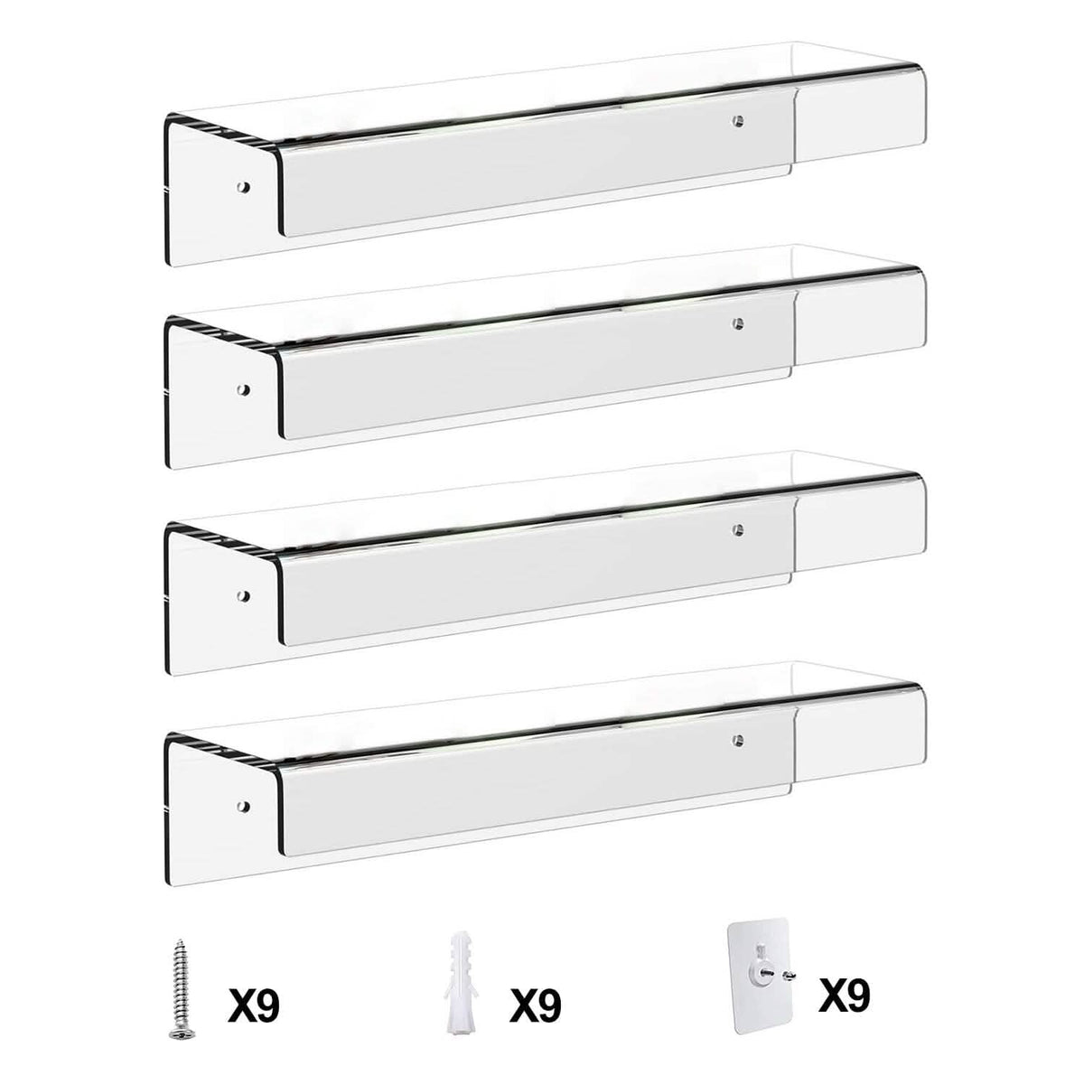 4-Pack: 15 inches Clear Acrylic Floating Shelves with 2 Mounting Ways