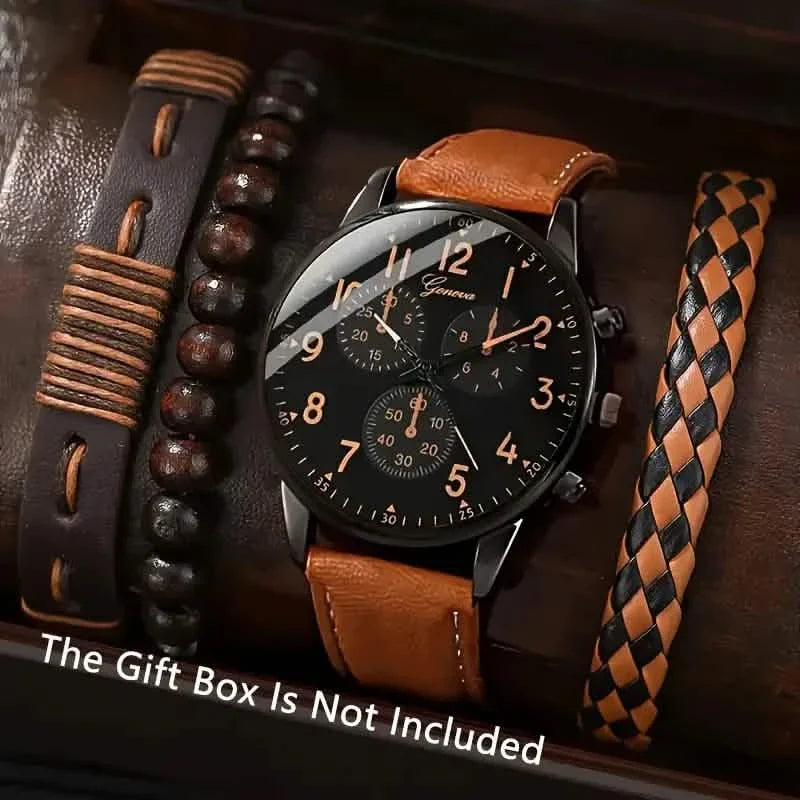 4-Pieces: Men's Fashion Brown Faux Leather Quartz Watch & Bracelet Set