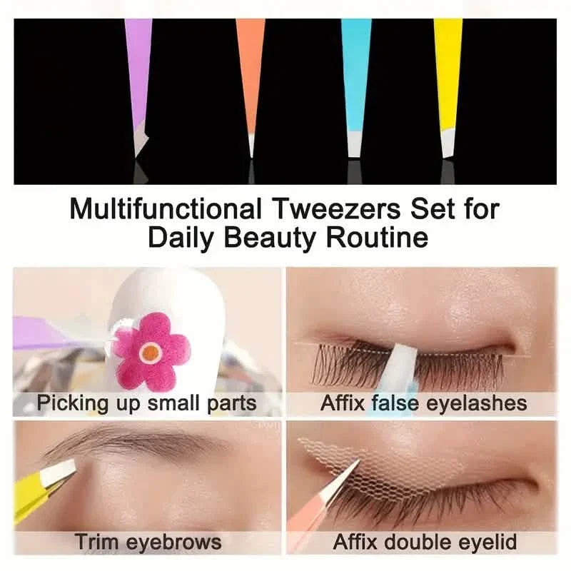 4-Pieces: Tweezers For Eyebrows, Straight, Slant, Angled and Pointy Tip