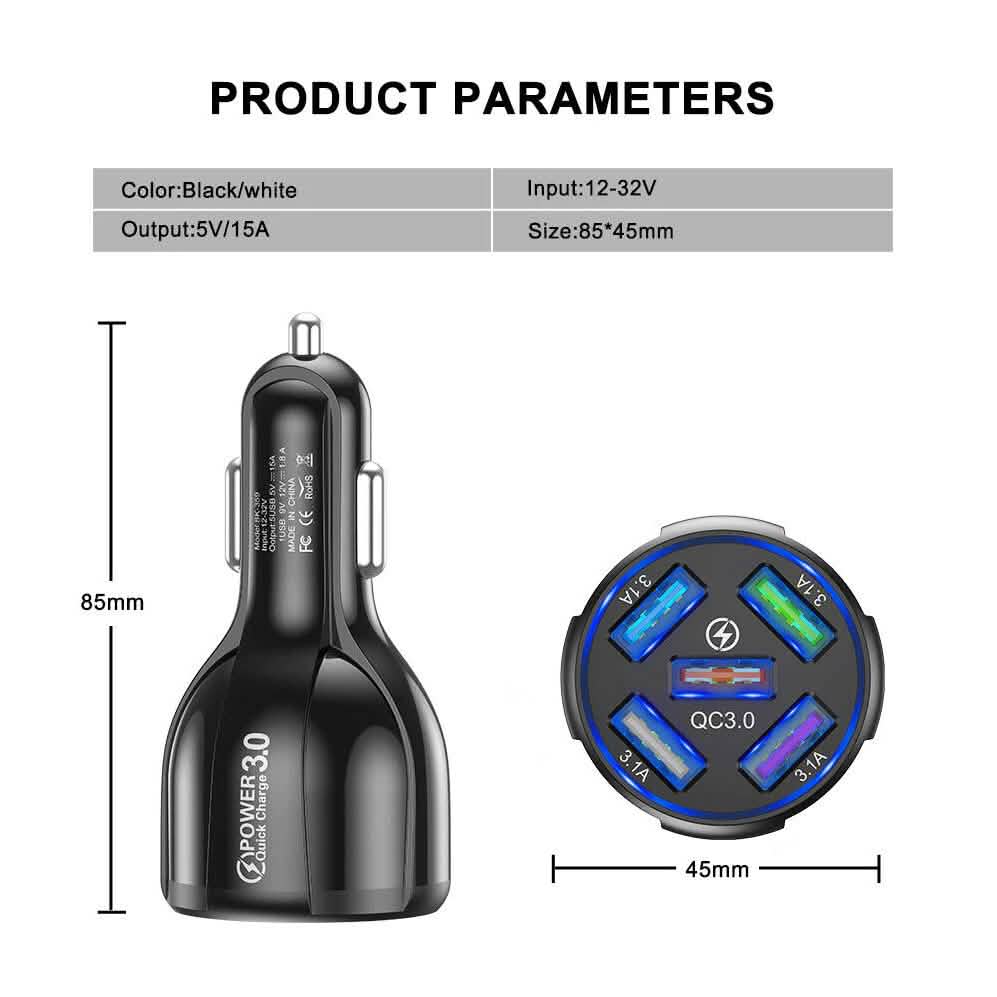 5 Port USB Fast Car Charger with LED Display