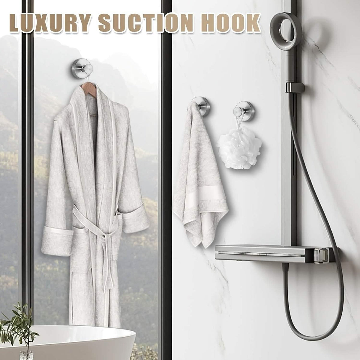 2-Pack: Strong Suction Cup Hooks – Silver Brushed Stainless Steel, No Drilling Required