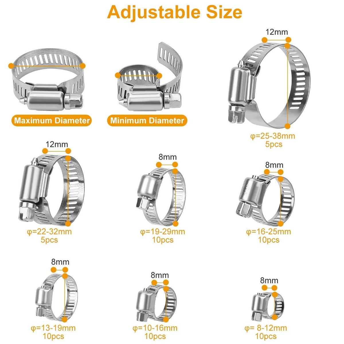 60-Pieces: Hose Clamp Stainless Steel Adjustable Worm Gear