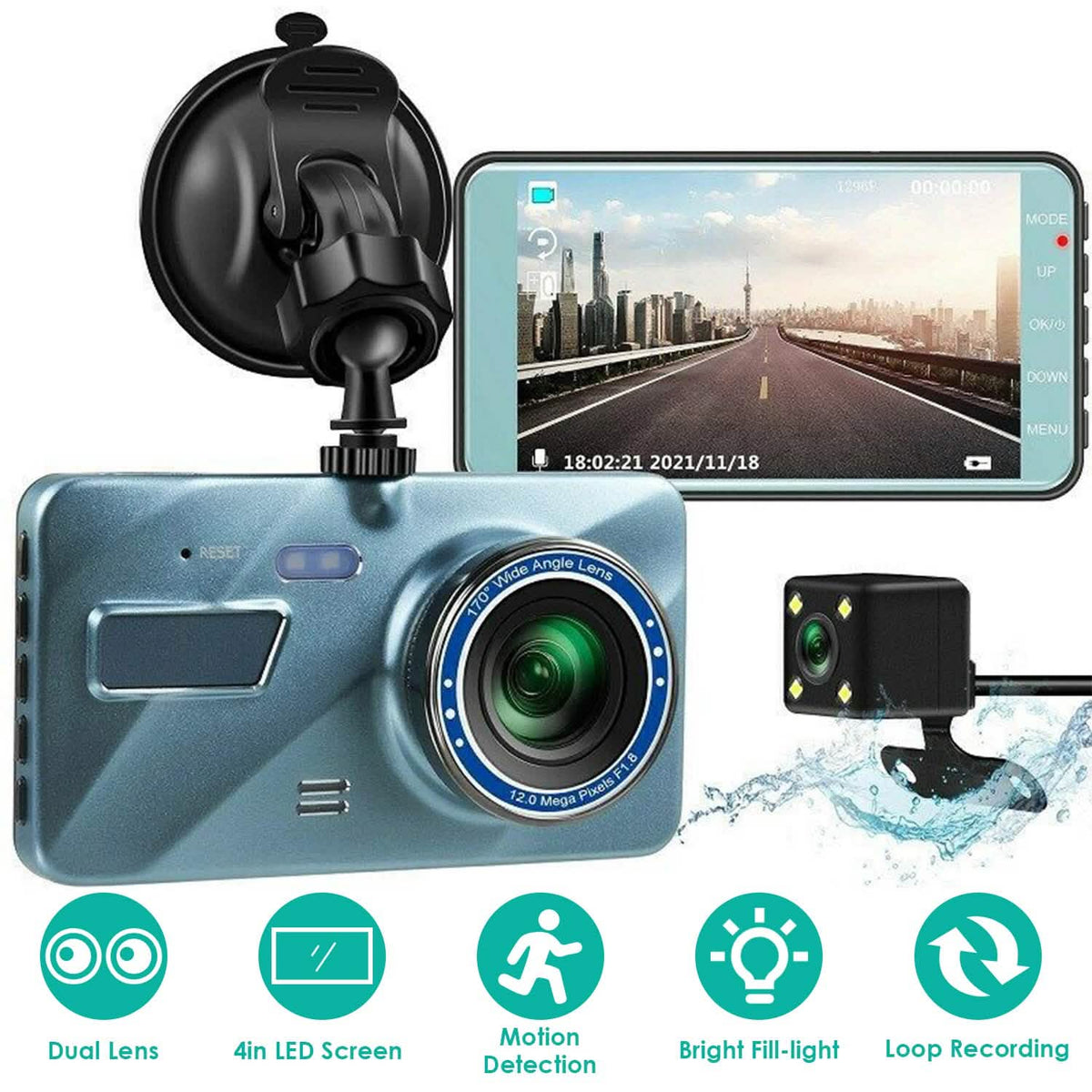 720P Dual Dash Car Camera Recorder with Motion Detection Light