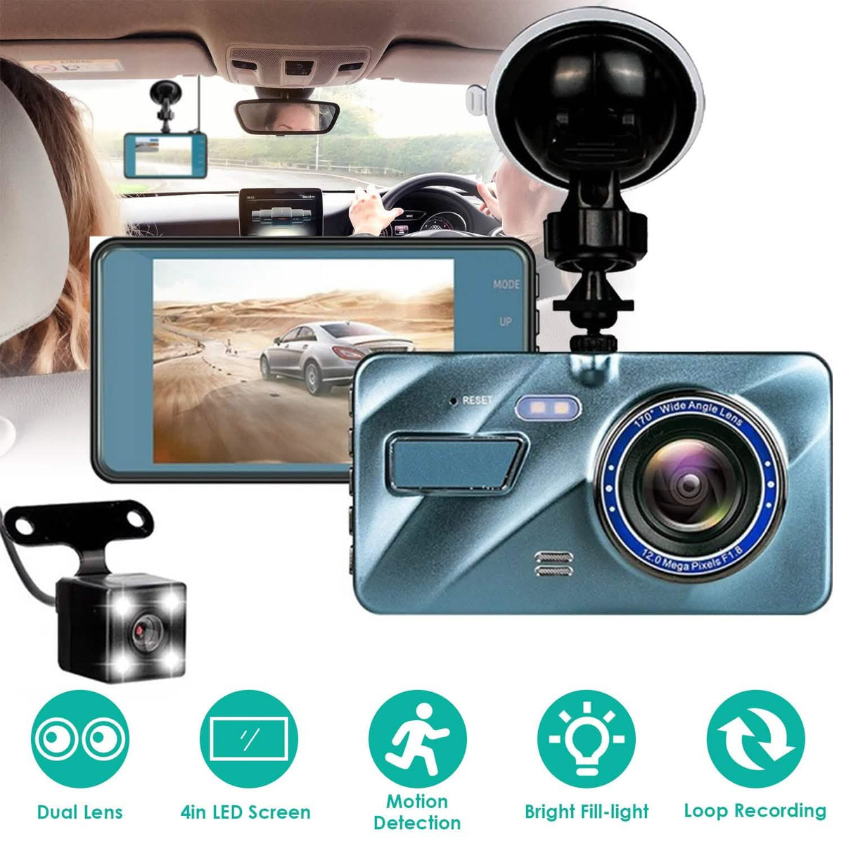 720P Dual Dash Car Camera Recorder with Motion Detection Light
