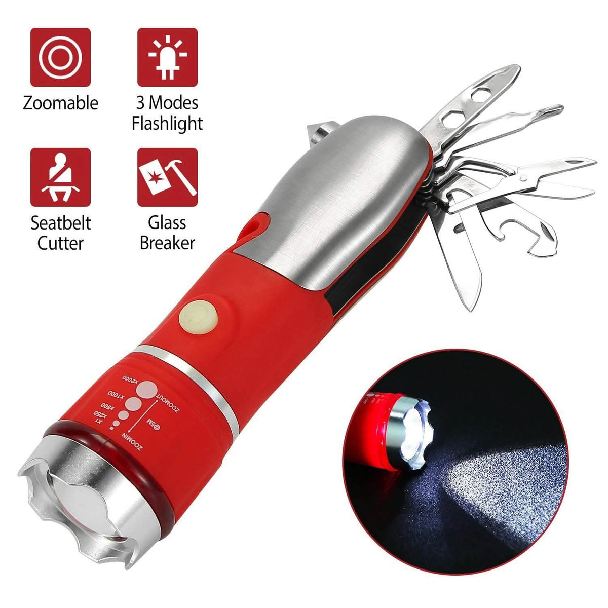 8-in-1 Multi-Tool Hammer Zoomable Emergency Flashlight