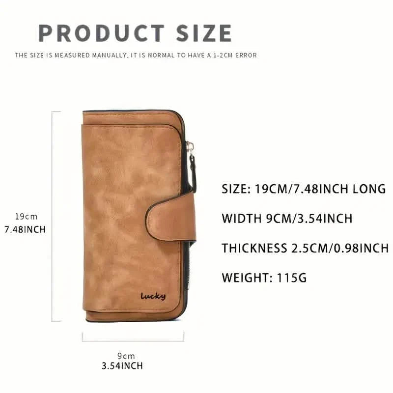 Vintage Faux Leather Long Wallet – Trifold Credit Card Holder with Snap & Zipper
