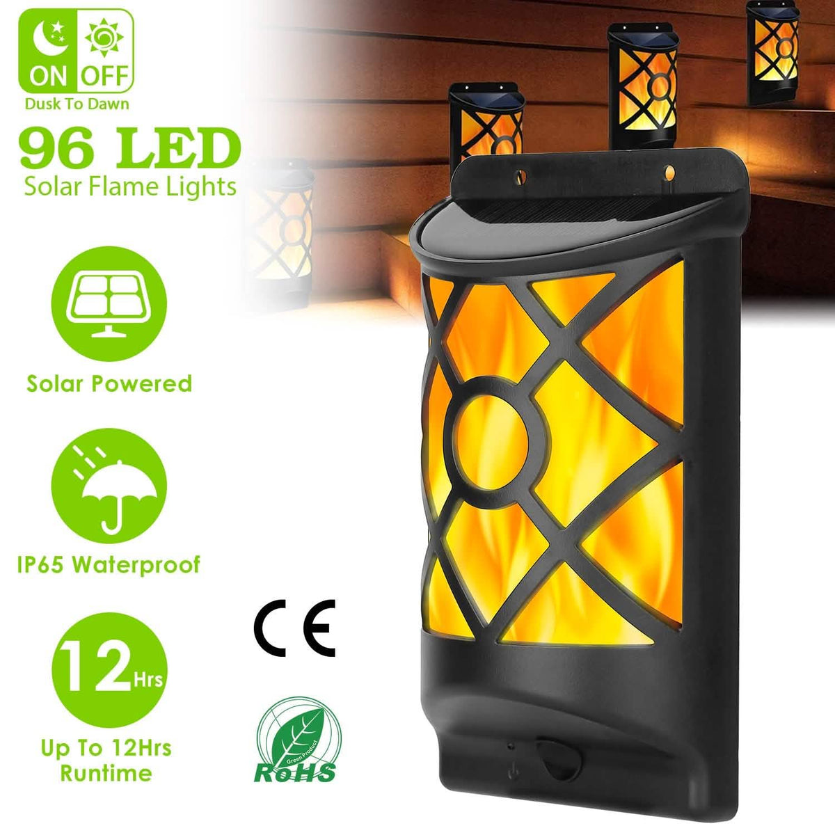 96 LEDs Waterproof Flame Solar Lights Outdoor