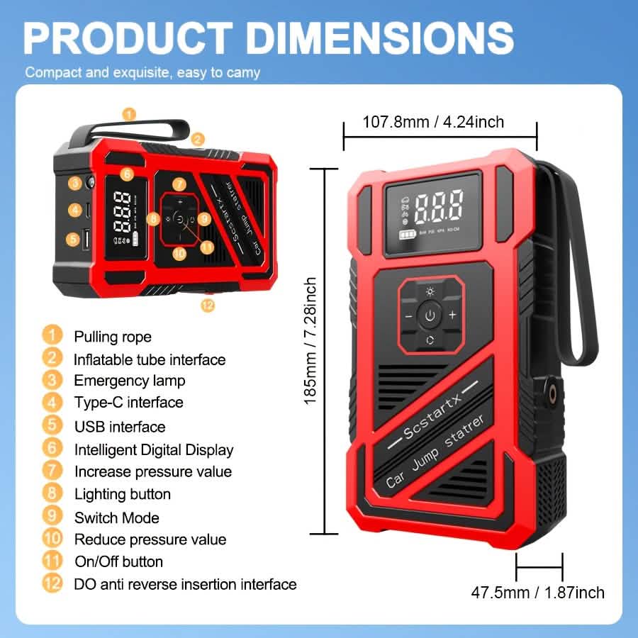 3000A 21V Car Jump Starter & 150PSI Tire Inflator 2-in-1 Portable Compressor