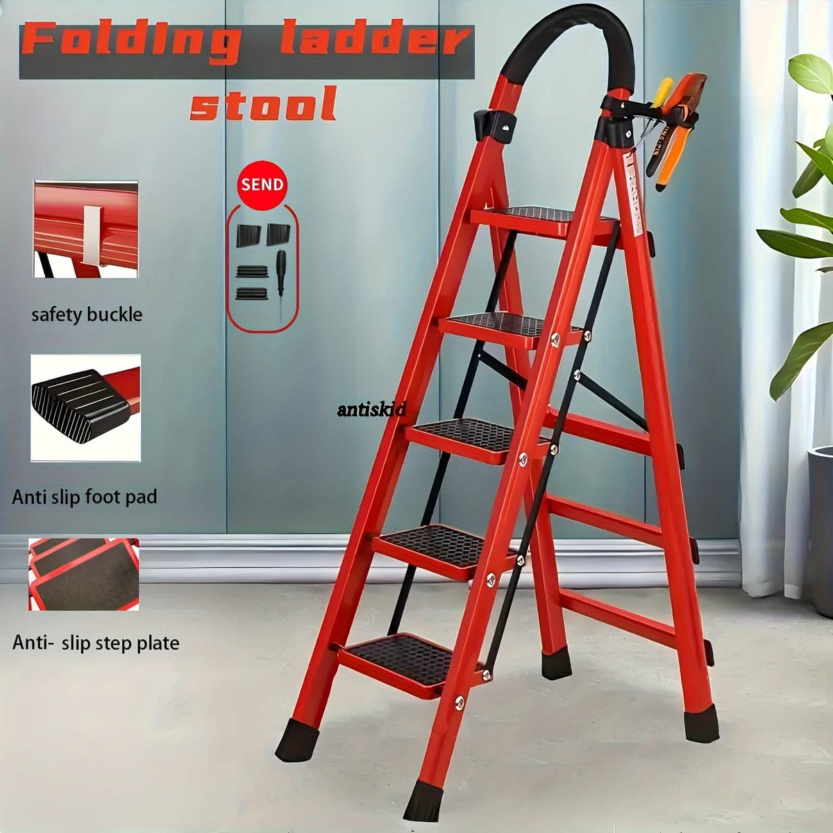 Folding 3/4-Step Ladder – Portable Steel Step Stool, Anti-Slip