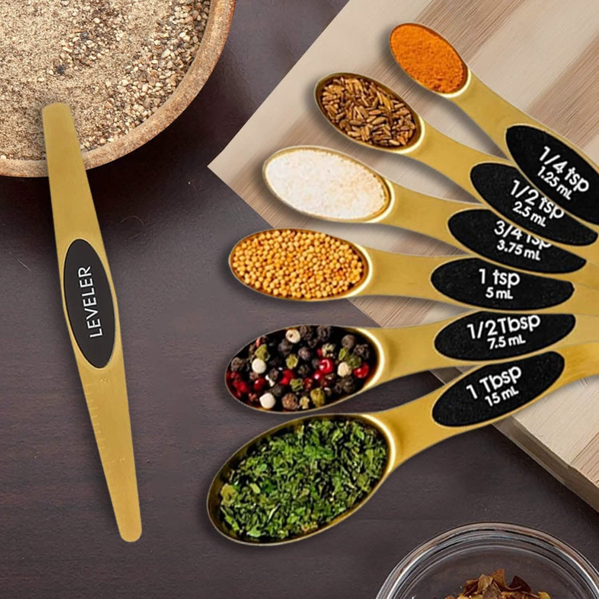 8-Piece: Double Sided Stackable Copper Magnetic Measuring Spoons Set with Leveler