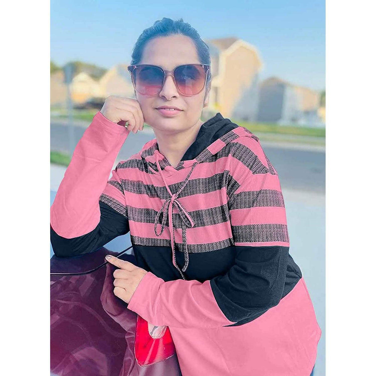 Actloe Women Long Sleeve Striped Color Block Casual Hoodies