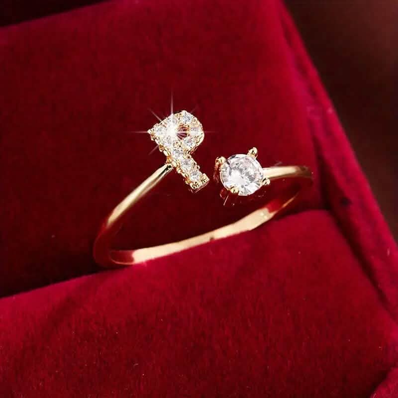 Adjustable Copper Initial Ring with Four-Claw Round Zirconia