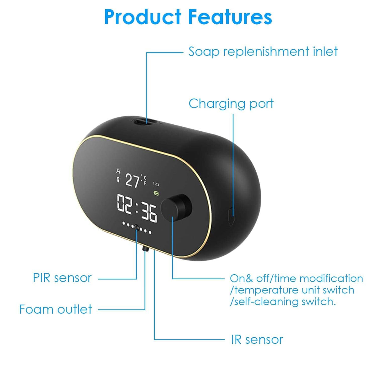 Automatic Soap Dispenser Wall Mounted Hand Free with Clock Temperature