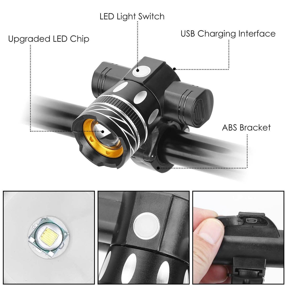 Bike Headlight USB Rechargeable with Bracket