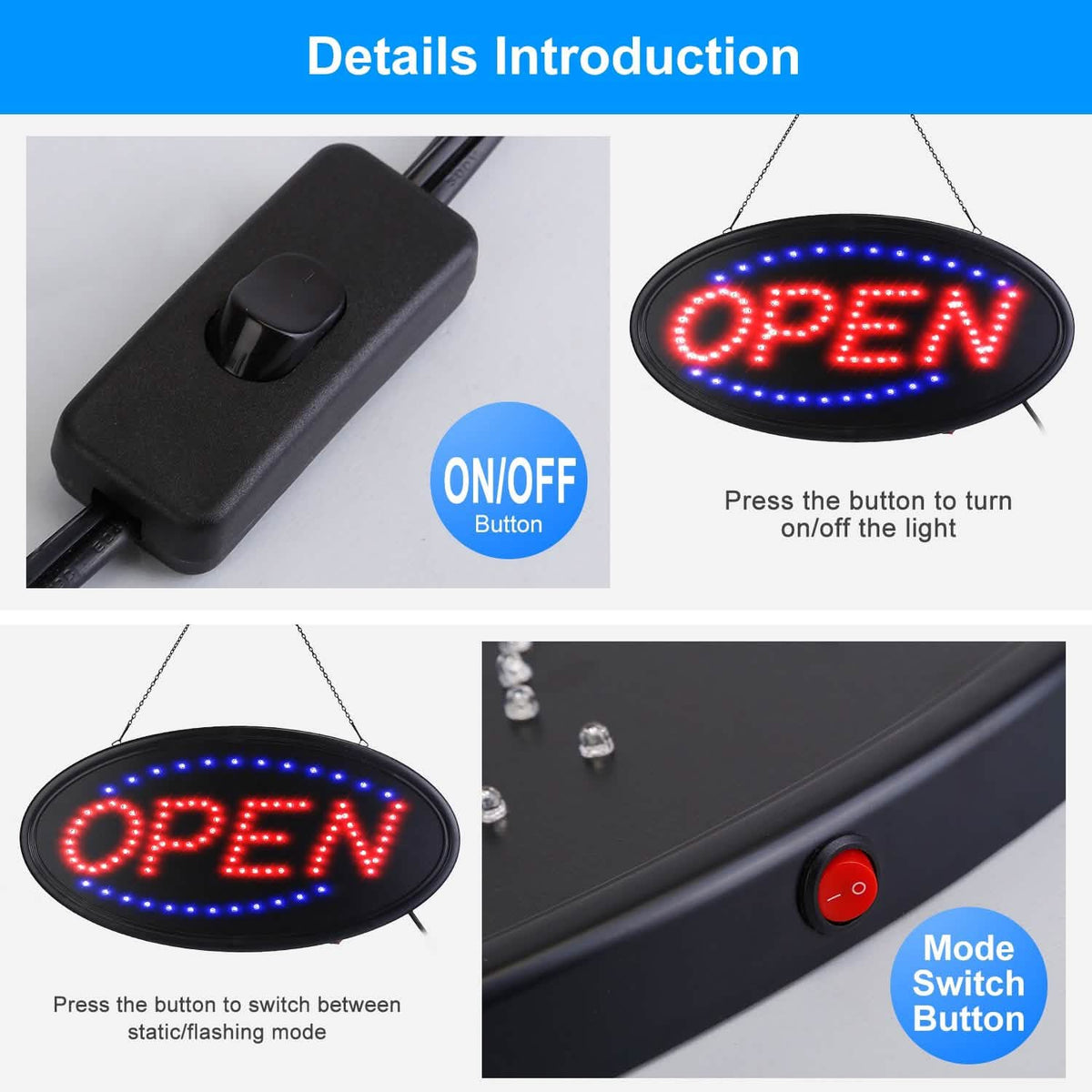 Business Neon Open Sign Advertisement Board with Steady Flashing Modes