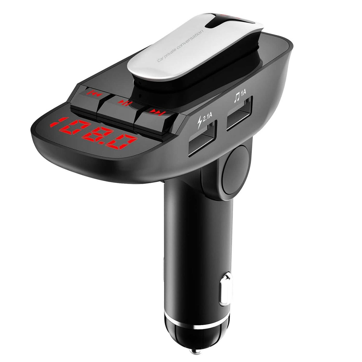 Car FM Transmitter with Wireless Earpiece 2 USB Charge Ports