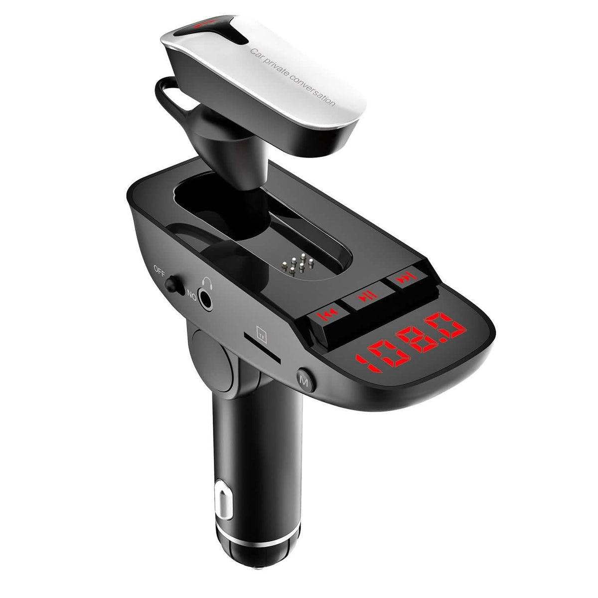 Car FM Transmitter with Wireless Earpiece 2 USB Charge Ports