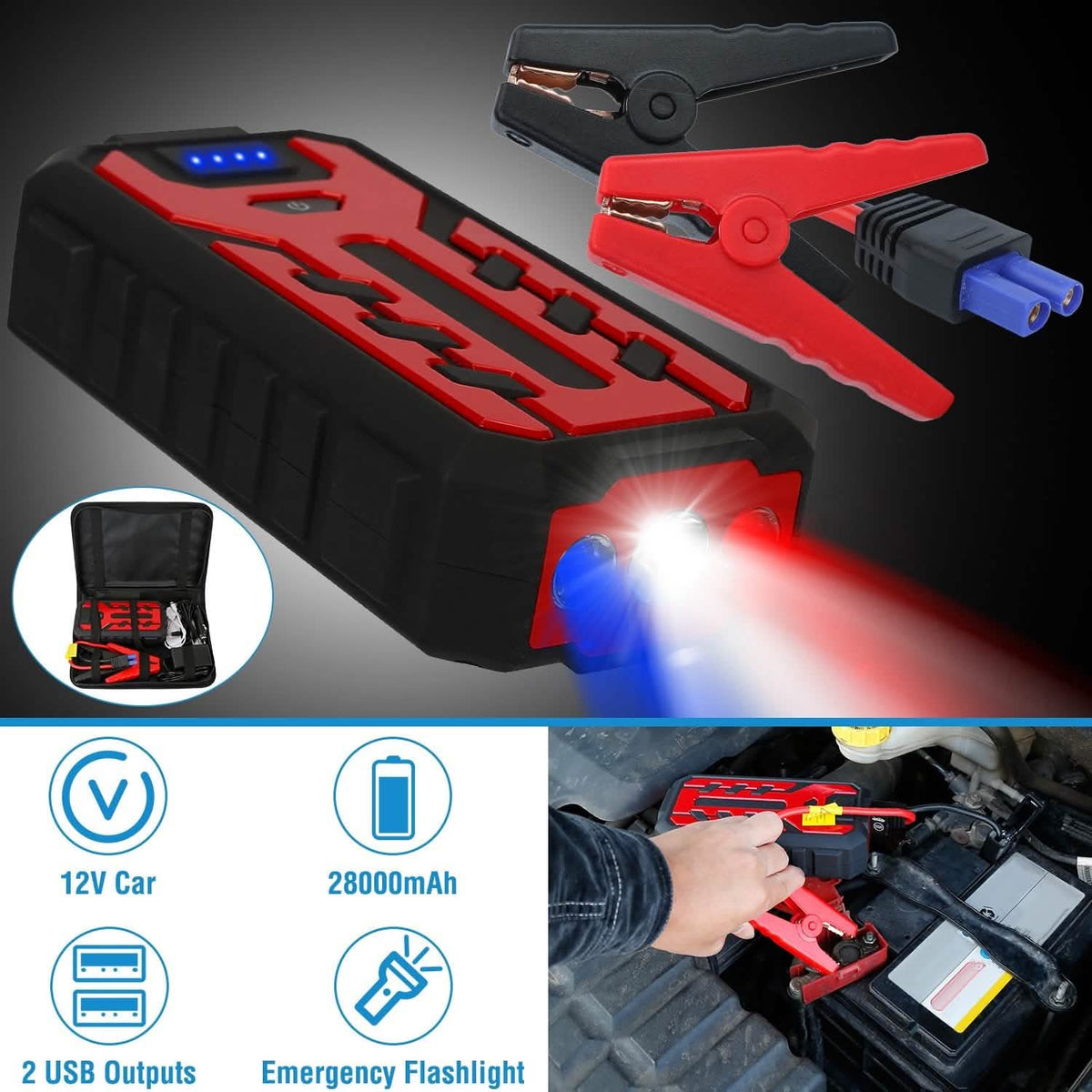 Car Jump Starter Booster with 4 Modes LED Flashlight