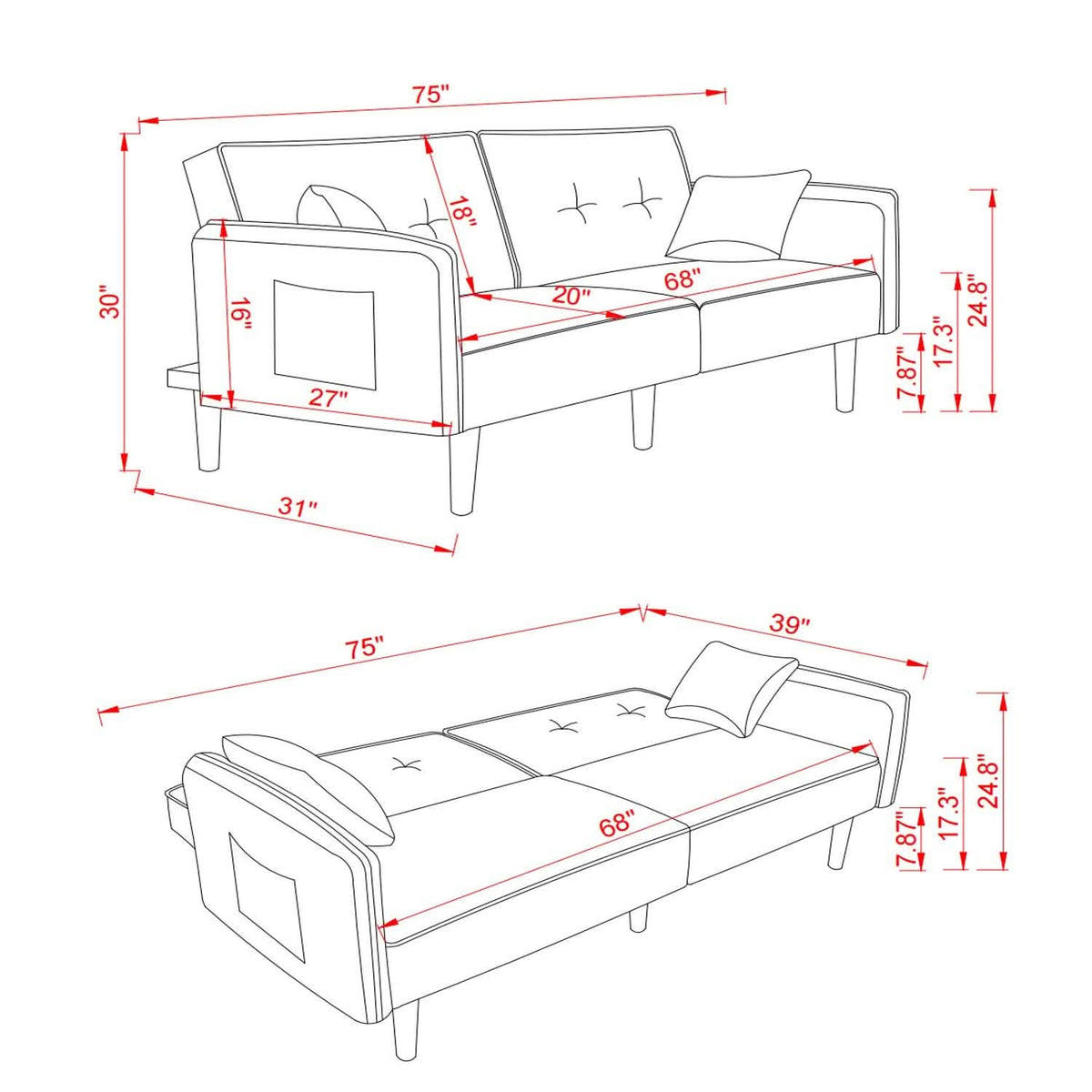 Convertible Futon Sofa Bed with 2 Pillows