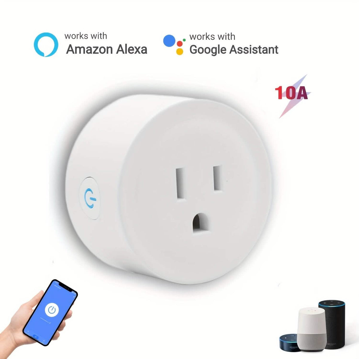 Smart WiFi Plug Outlet Adapter, Works with Alexa & Google, Timer, Voice Control, 2.4GHz Network Home Automation