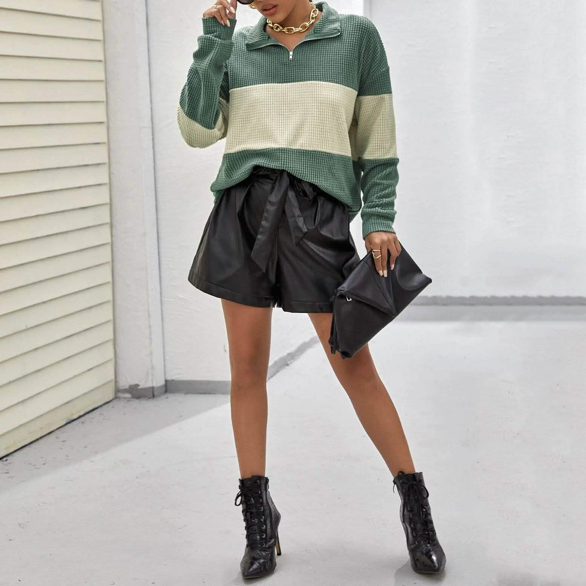 Drop Shoulder Two Tone Textured Half Placket Pullover