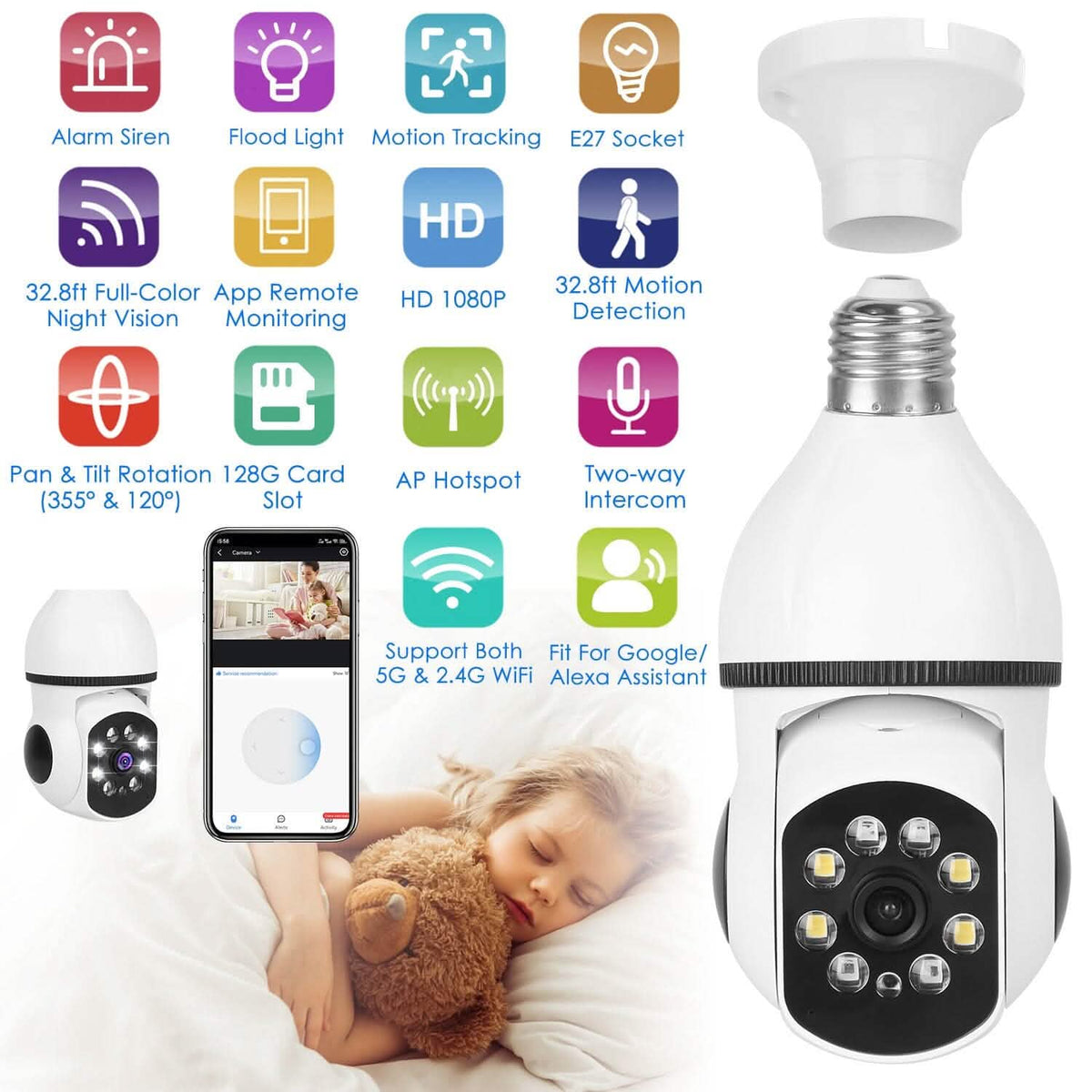 E27 WiFi Bulb Camera 1080P FHD WiFi IP Pan Tilt Security Surveillance  Camera with Two-Way Audio Full Color Night Vision