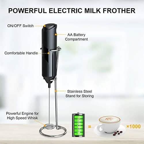 Electric Milk Frother Handheld with Stainless Steel Stand