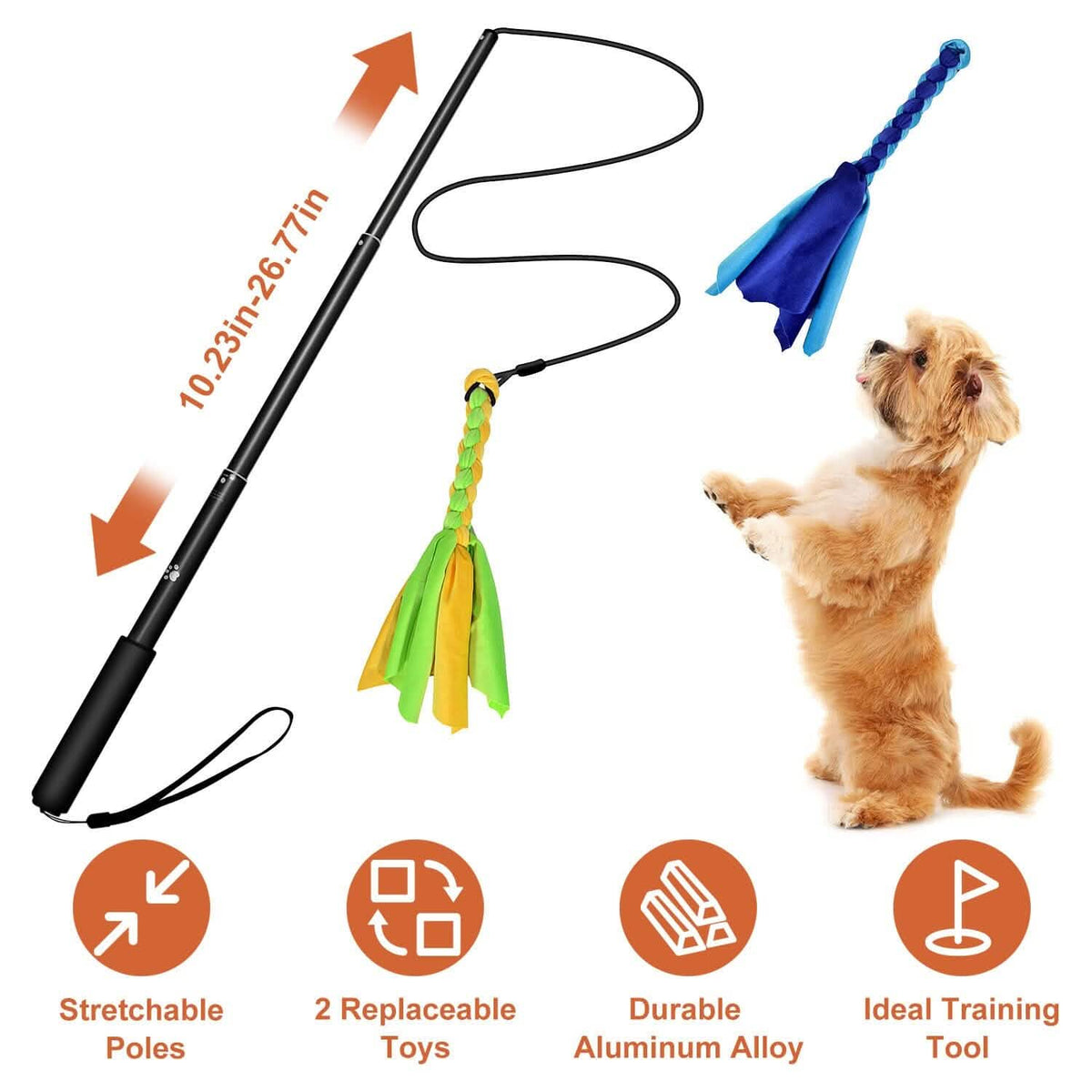 Extendable Dog Flirt Pole with 2 Replaceable Interactive Tail Toys
