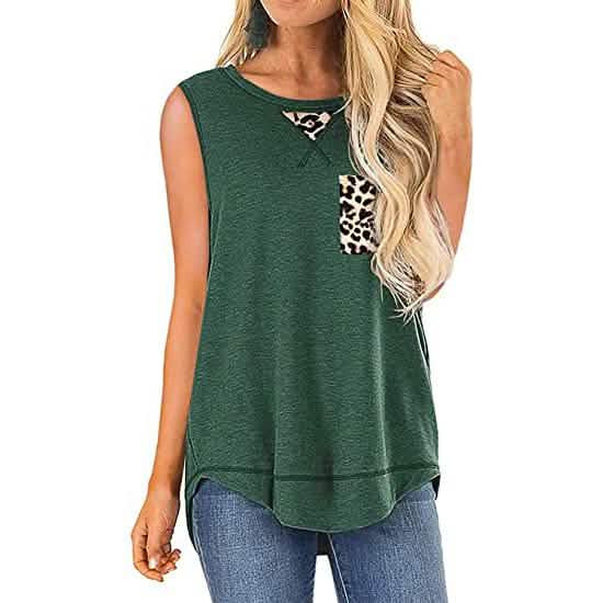 Women's Summer Tank Tops Leopard Pocket Sleeveless Blouse