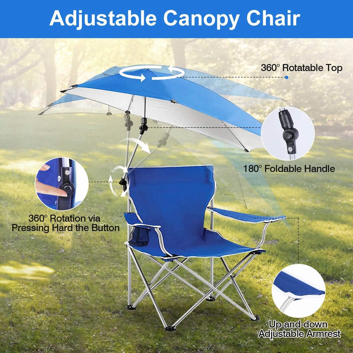 Foldable Beach Chair with Detachable Armrest Adjustable Canopy Stool with Cup Holder