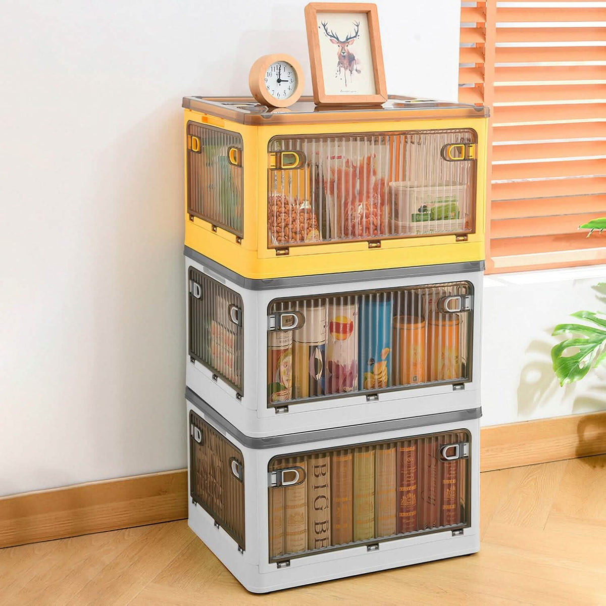 Foldable Storage Bins with Lid 4 Doors Collapsible Stackable with Lock