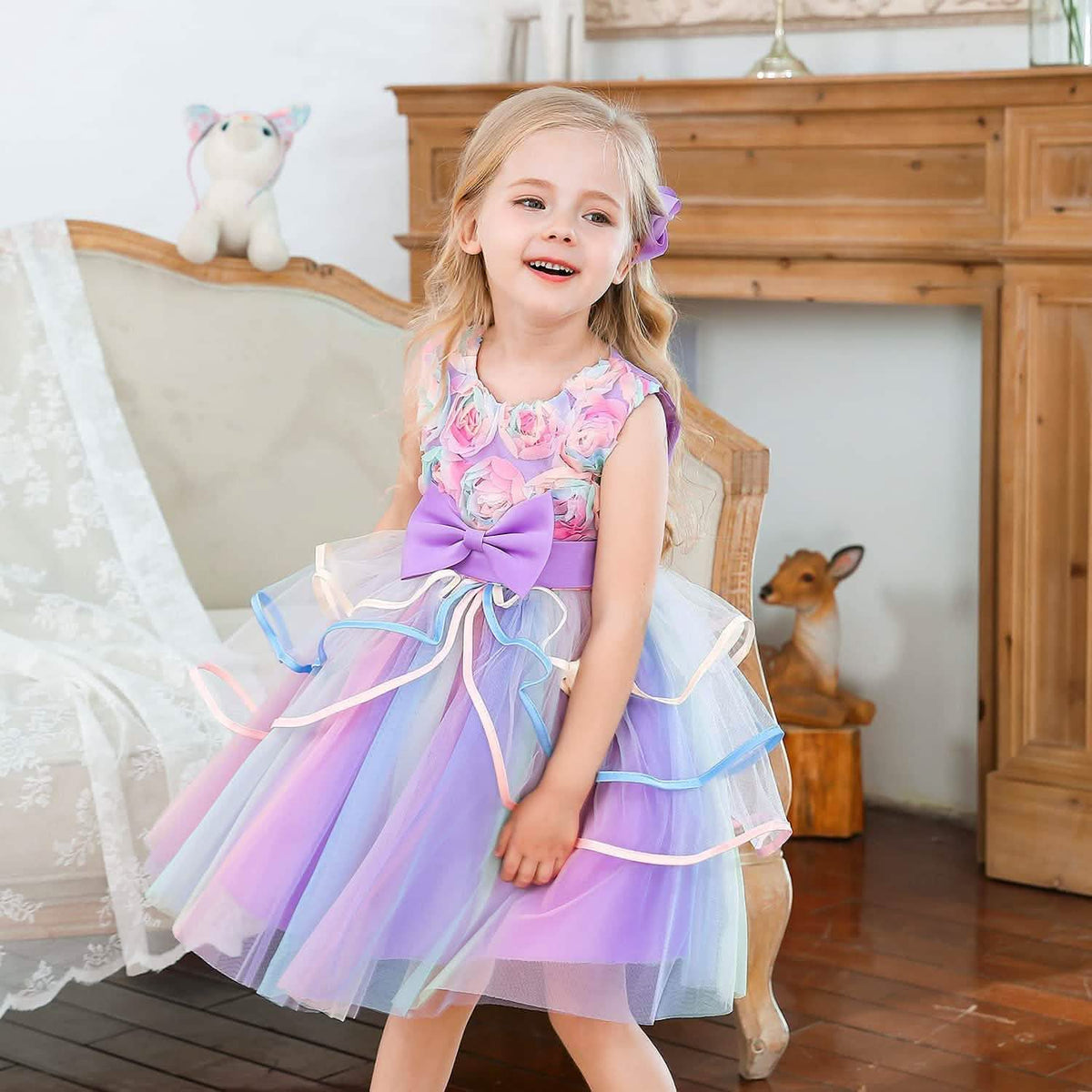 Girl's Rainbow Tulle Lace Dress