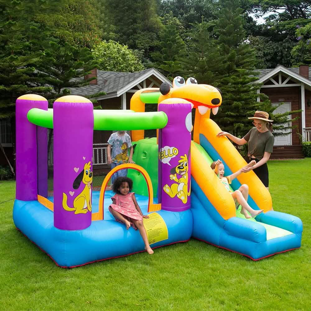 Green Dog Bouncy Castle House Slide and Jump 450W Blower