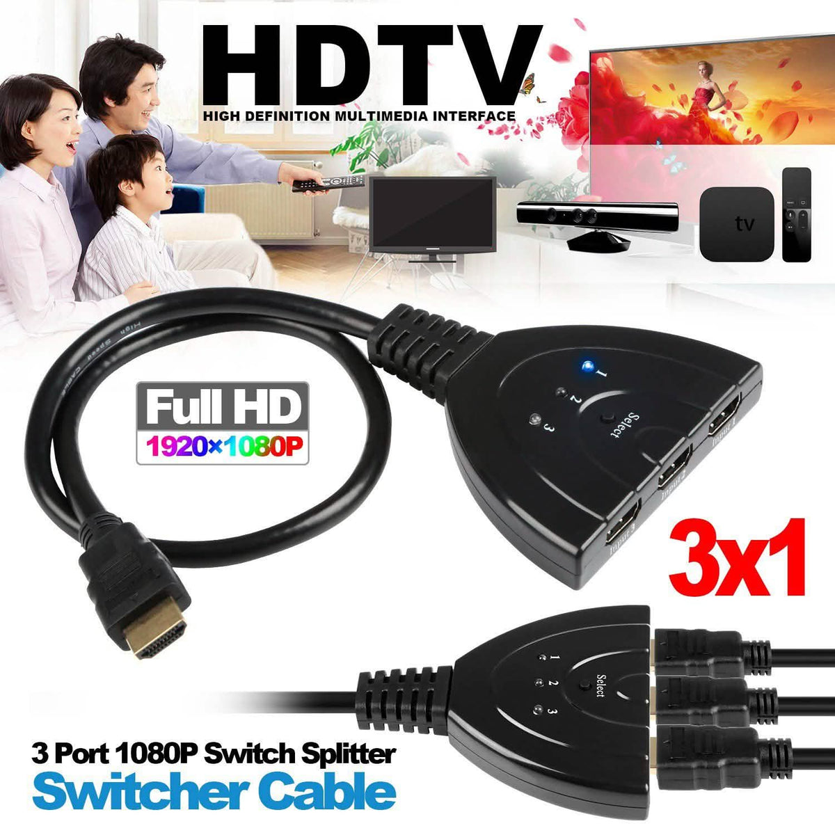 HDMI 1080P 3-in-1 Output HDTV Switch Splitter