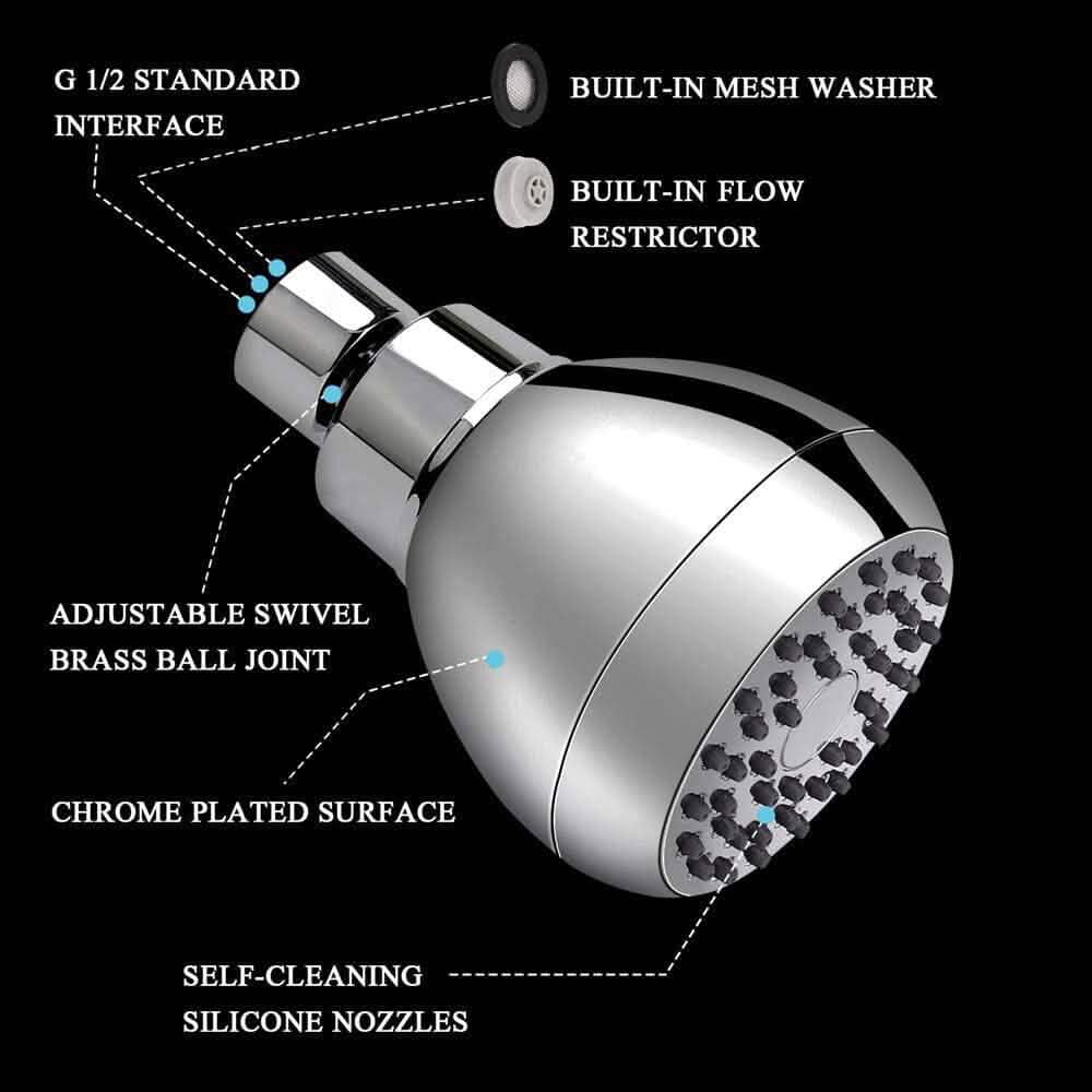 High Pressure Shower Head 3" Anti-clog Anti-leak Fixed with Adjustable Swivel Brass Ball Joint