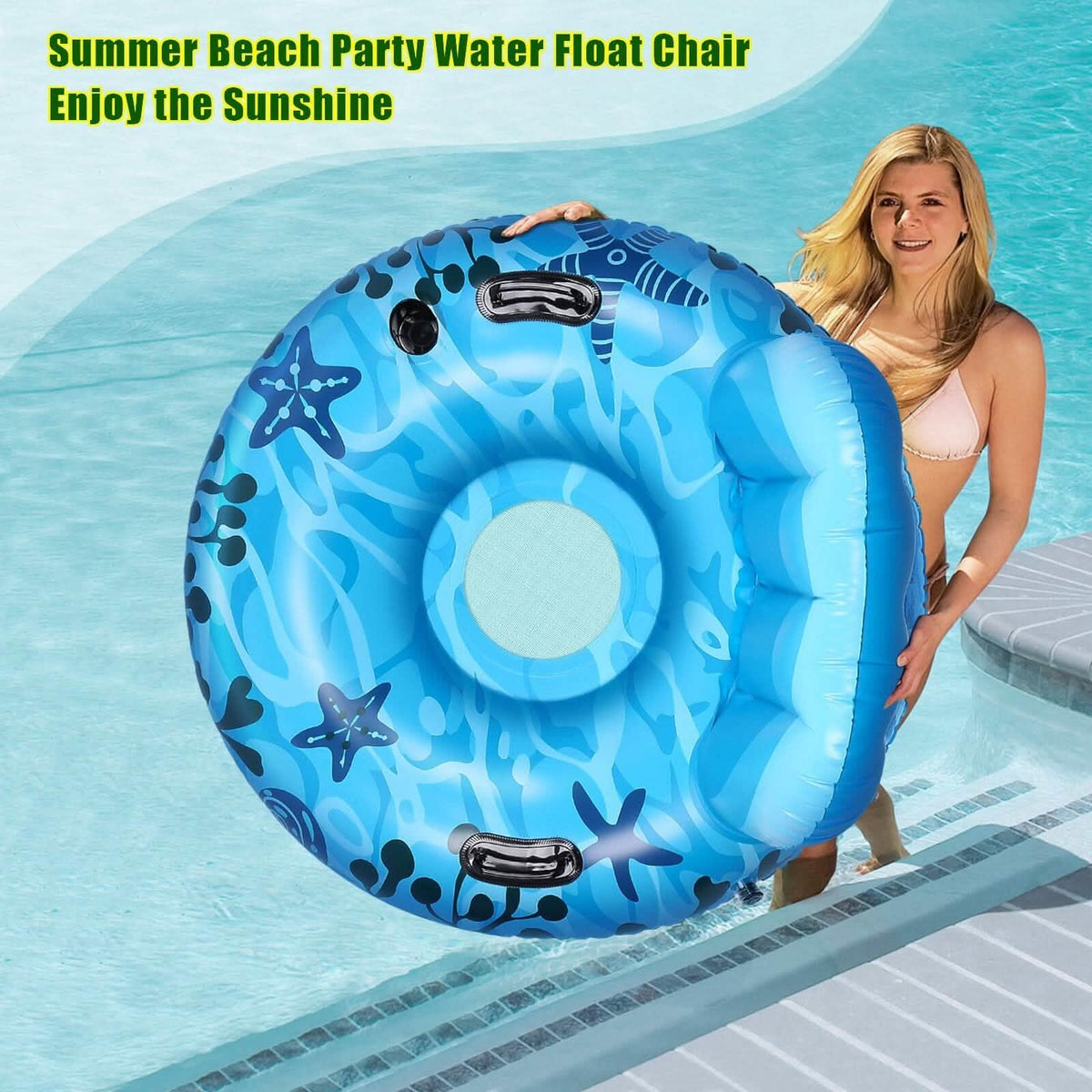 Inflatable Lounger Pool Float with Rubber Handle and Drink Holder