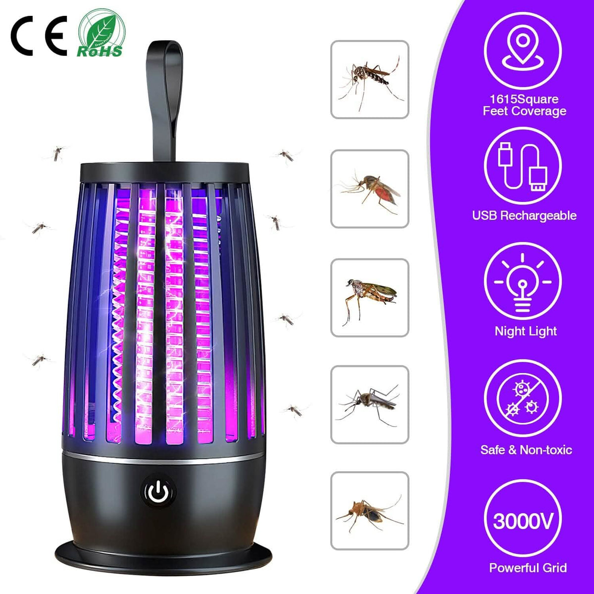 Killer Lamp Bug Zapper with Night Light Strap Mosquito Catcher