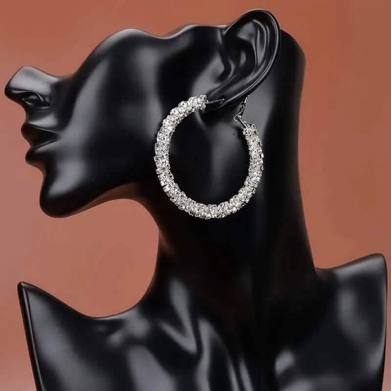 Large Full Rhinestone Silver Hoop Earrings