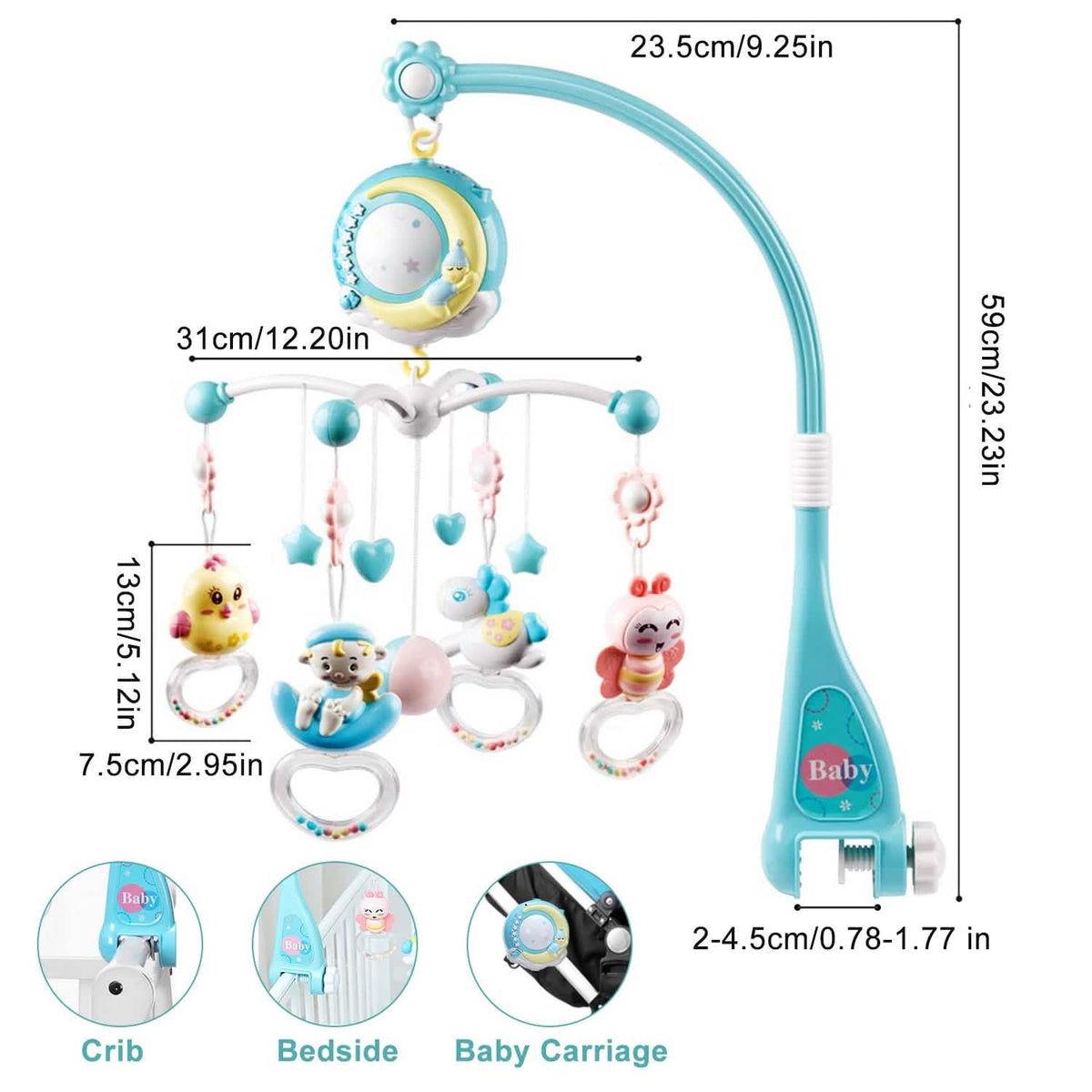 Mobile Star Projection Nursery Light Baby Rattle Toy with Music Box Remote Control