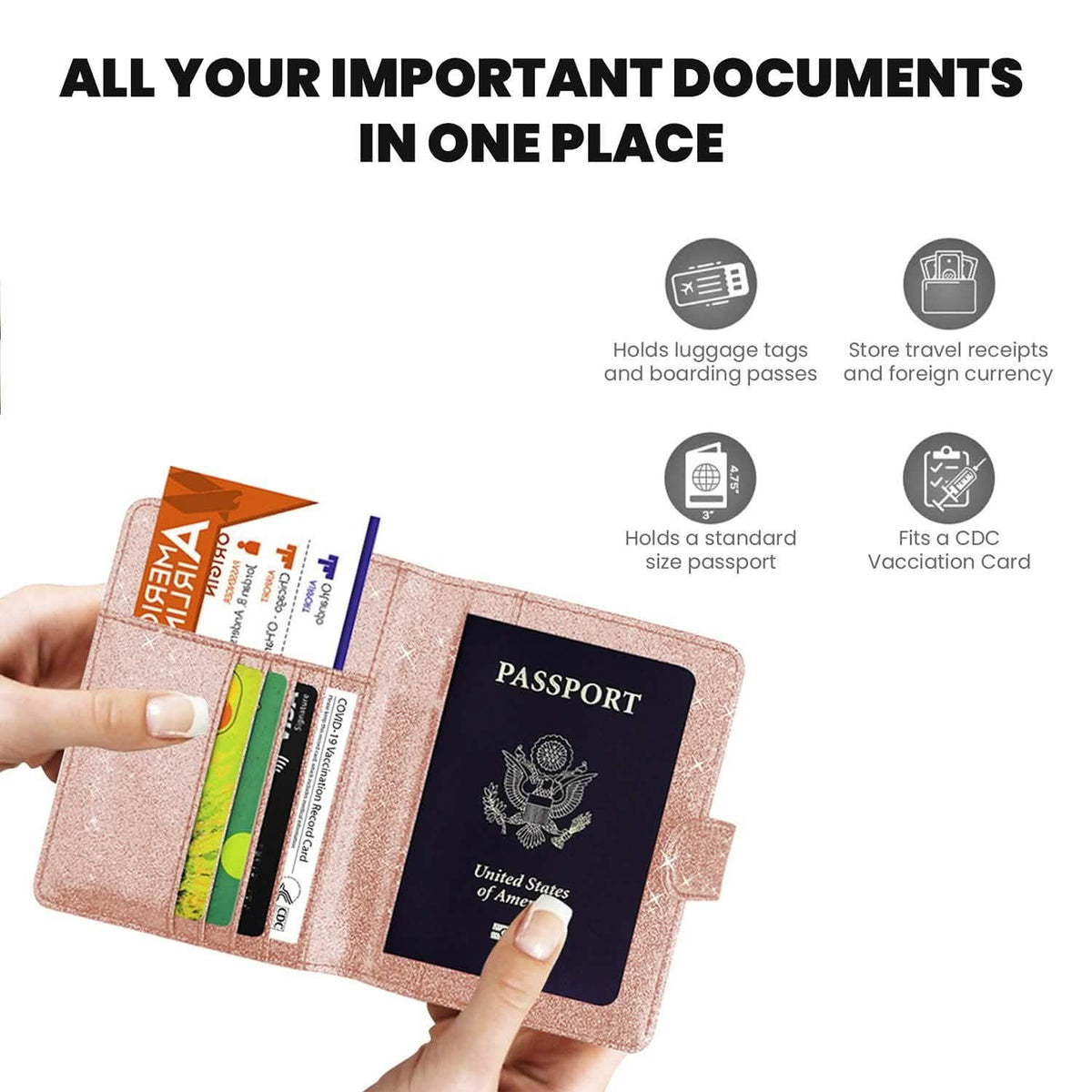 Multi Function Glitter Bling RFID Passport Organizer With CDC Vaccination Card Holder