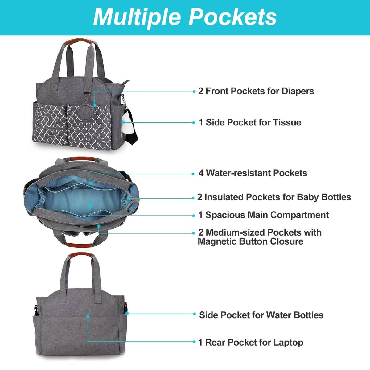 Multifunctional Diaper Changing Tote Bag with Adjustable Messenger Strap